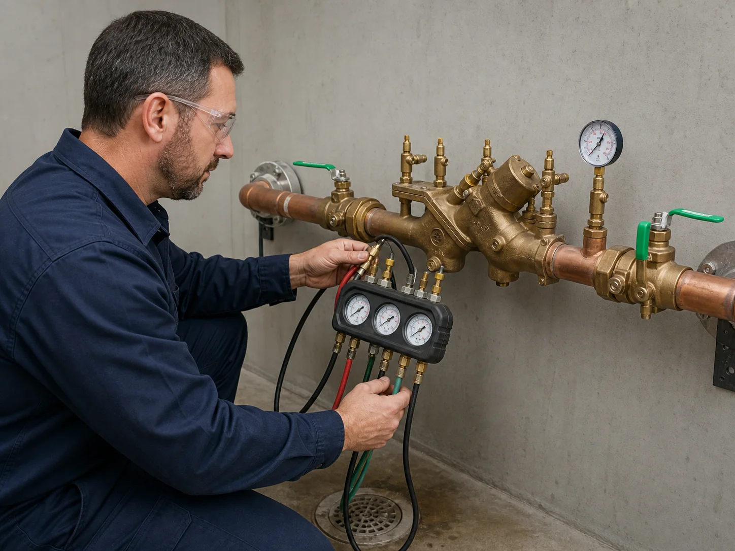 Representative image of a plumber testing a commercial backflow assembly