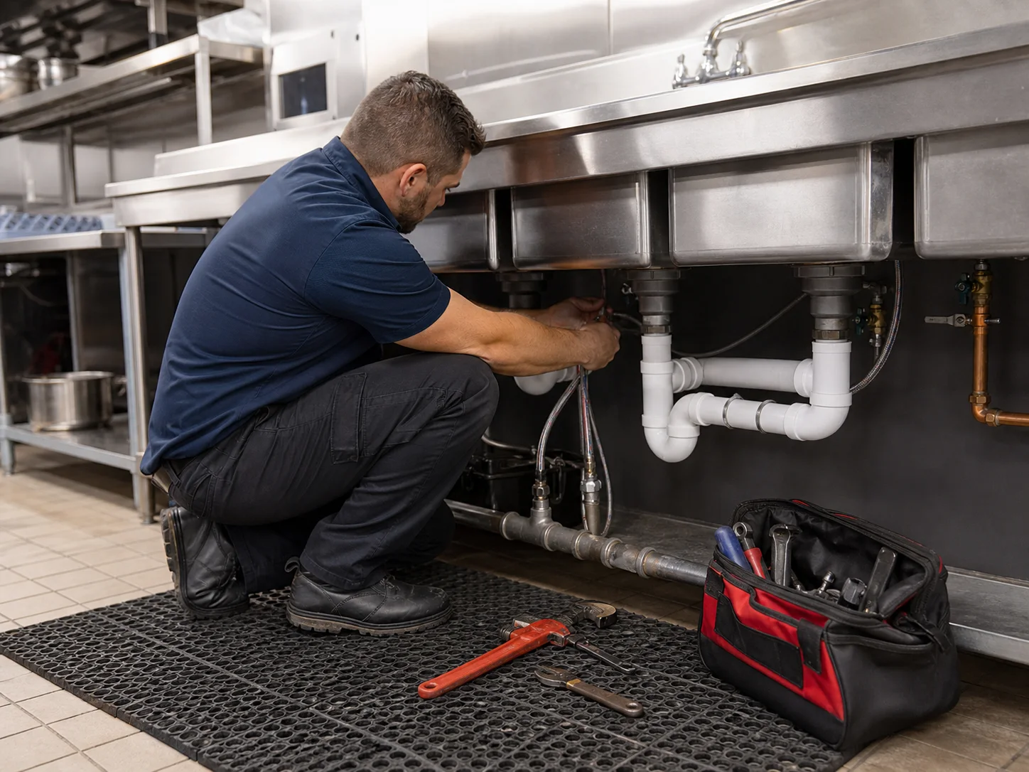 Representative image of a plumber connecting a commercial kitchen sink