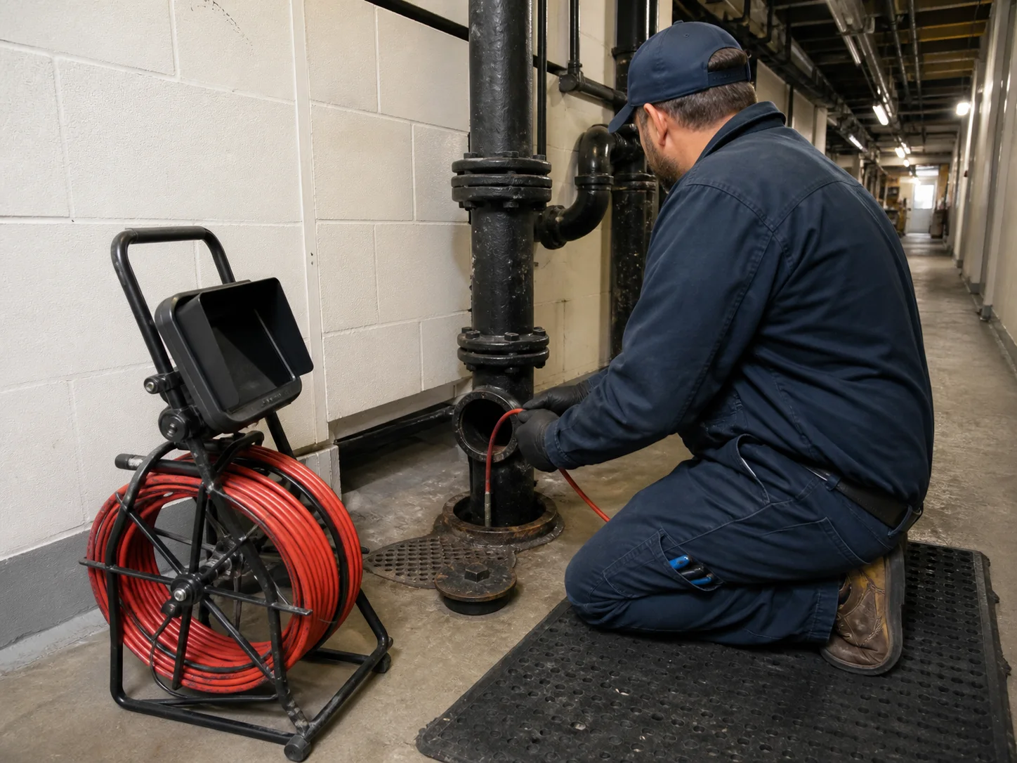 Representative image of a plumber performing a commercial sewer-camera inspection
